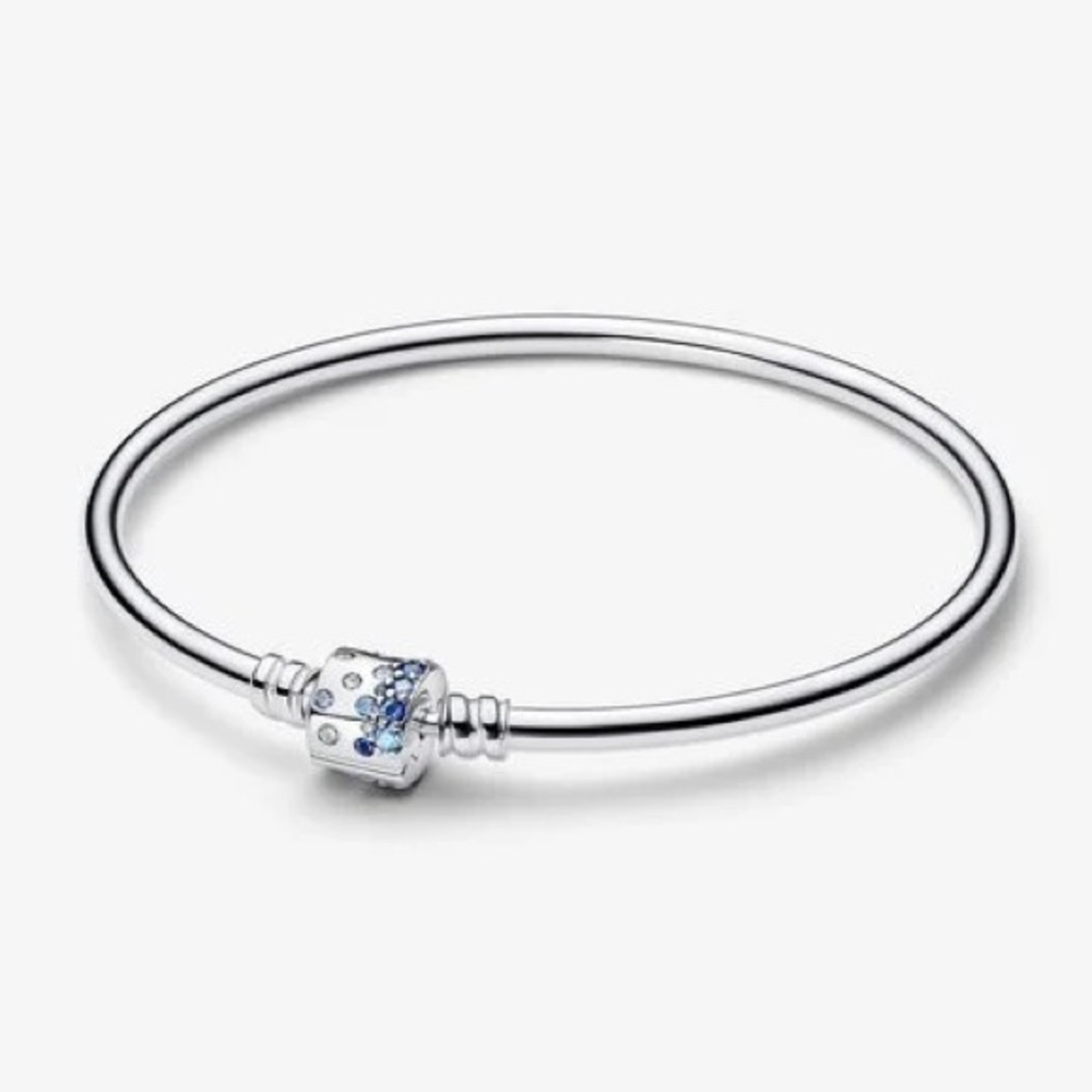 Pandora Silver Bangle with Blue Crystal Cube Charm